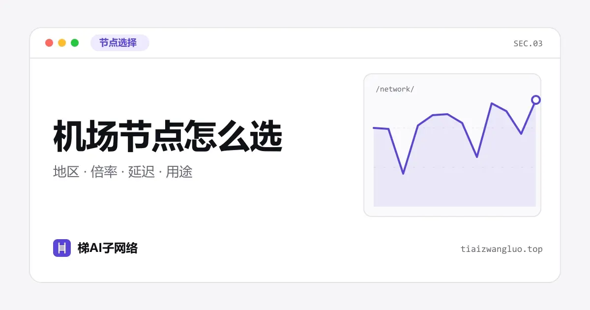 机场节点选择示意图：按地区、流量倍率、延迟与用途筛选节点列表